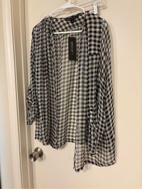 Lafayette 148 New York Black and White Gingham Sheer Top silk new NWT